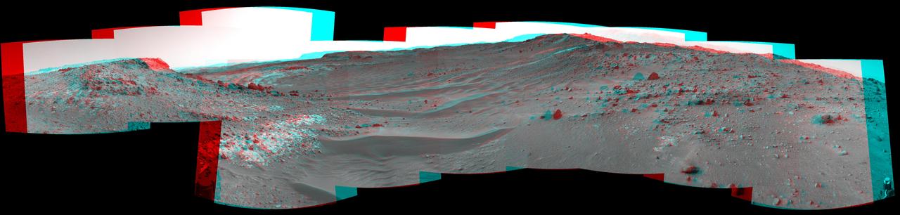 This stereo view from the Navigation Camera (Navcam) on NASA's Curiosity Mars rover shows the terrain ahead of the rover as it makes its way westward through a valley called "Artist's Drive." The image appears three-dimensional when viewed through red-blue glasses with the red lens on the left.  The Navcam recorded the component images of this mosaic on April 10, 2015, during the 951st Martian Day, or sol, of Curiosity's work on Mars. The valley is on the rover's route toward a higher site on Mount Sharp than the "Pahrump Hills" area the mission investigated at the base of the layered mountain.  http://photojournal.jpl.nasa.gov/catalog/PIA19165