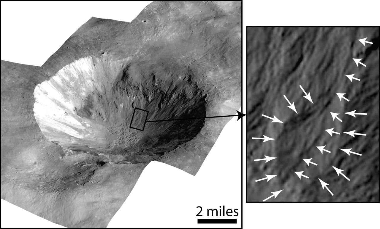 This image shows Cornelia Crater on the large asteroid Vesta. On the right is an inset image showing an example of curved gullies, indicated by the short white arrows, and a fan-shaped deposit, indicated by long white arrows.  http://photojournal.jpl.nasa.gov/catalog/PIA19170