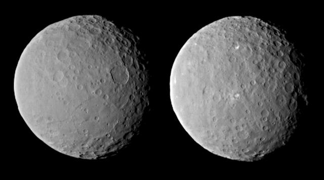 These images of dwarf planet Ceres, processed to enhance clarity, were taken on Feb. 19, 2015, from a distance of about 29,000 miles 46,000 kilometers, by NASA Dawn spacecraft. Dawn observed Ceres completing one full rotation, lasting about nine hours. The images show the full range of different crater shapes that can be found at Ceres' surface: from shallow, flattish craters to those with peaks at their centers. http://photojournal.jpl.nasa.gov/catalog/PIA19183