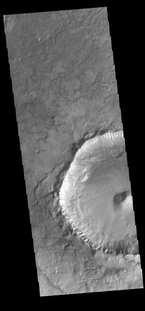 This image captured by NASA 2001 Mars Odyssey spacecraft shows an example of a central peak crater. This unnamed crater is located on the floor of Newton Crater in Terra Sirenum.  Orbit Number: 57962 Latitude: -42.1211 Longitude: 201.814 Instrument: VIS Captured: 2015-01-07 07:47  photojournal.jpl.nasa.gov/catalog/PIA19200