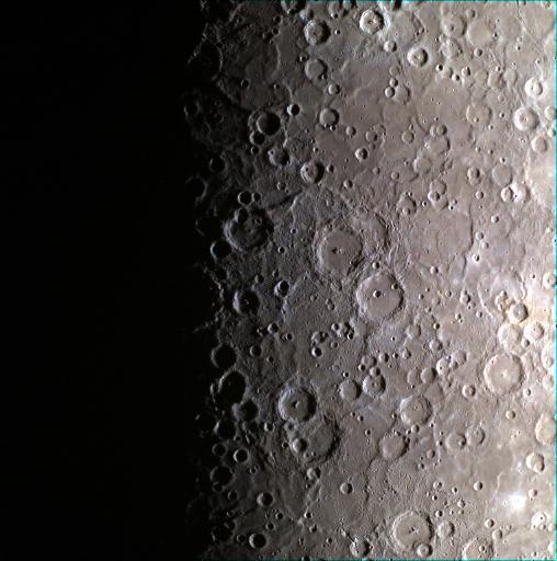 Today's image features a color view of the southern pole of Mercury. About midway down the image, the edge of the large Chao Meng-Fu crater, which lies almost directly on the south pole, can be seen poking out from the shadows. Surrounding Chao Meng-Fu are Roerich, Lovecraft, Hurley and L'Engle craters. This image was obtained as part of the 11-color south polar imaging campaign, through which scientists hope to be able to use the relative brightness of the surface in different colors to understand its composition.   http://photojournal.jpl.nasa.gov/catalog/PIA19204