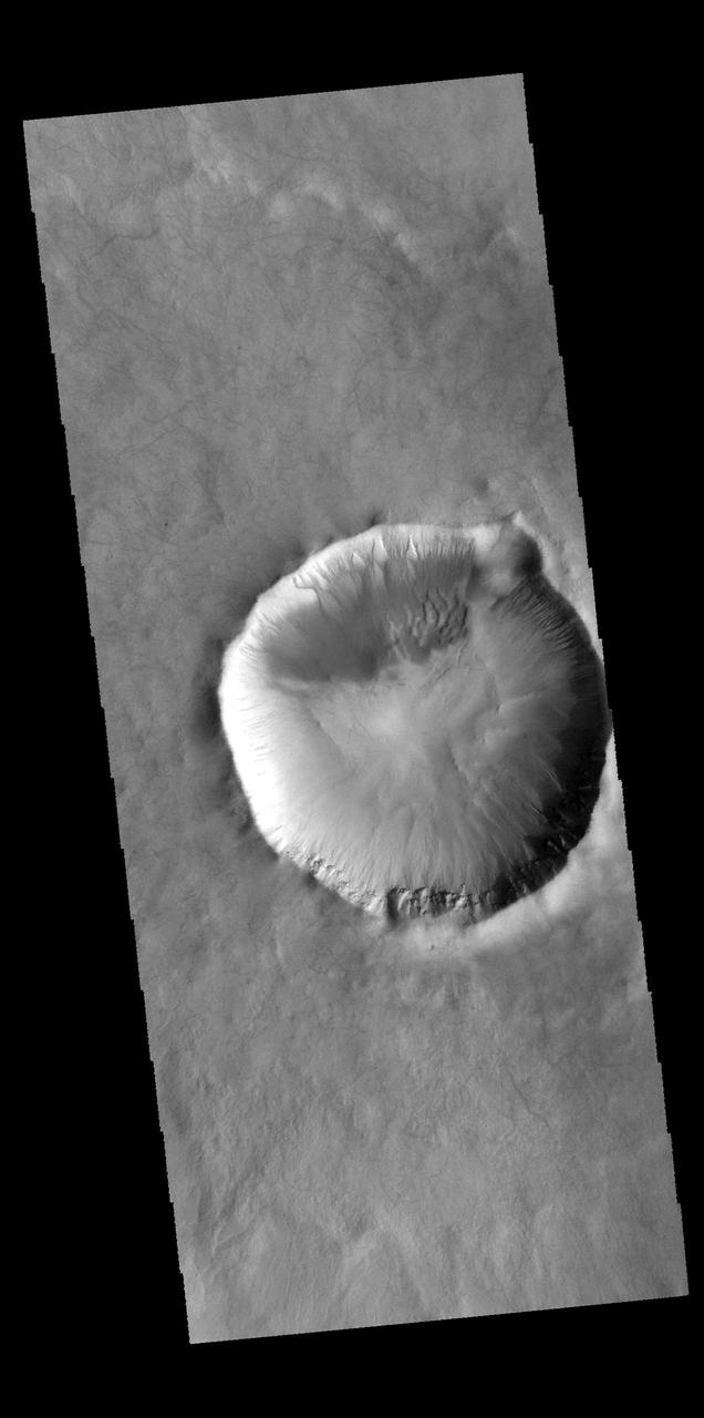 This image captured by NASA 2001 Mars Odyssey spacecraft show numerous gullies dissect the rim of this unnamed crater in Terra Cimmeria. Orbit Number: 58026 Latitude: -52.2606 Longitude: 157.69 Instrument: VIS Captured: 2015-01-12 14:12 http://photojournal.jpl.nasa.gov/catalog/PIA19208
