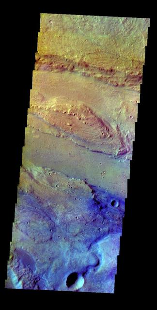 The THEMIS VIS camera contains 5 filters. The data from different filters can be combined in multiple ways to create a false color image. This false color image from NASA 2001 Mars Odyssey spacecraft shows part of Ares Vallis. Orbit Number: 4482 Latitude: 6.97956 Longitude: 339.713 Instrument: VIS Captured: 2002-12-18 13:46 http://photojournal.jpl.nasa.gov/catalog/PIA19215