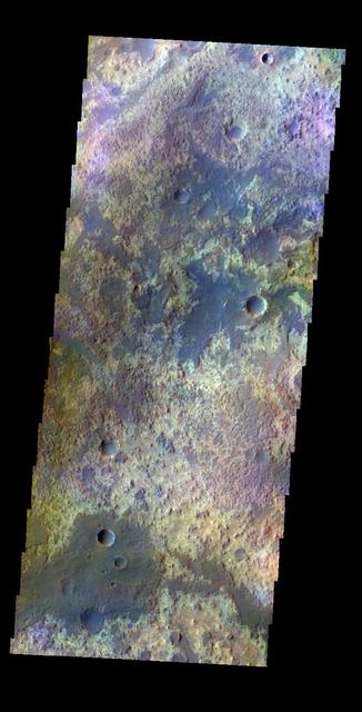 The THEMIS VIS camera contains 5 filters. The data from different filters can be combined in multiple ways to create a false color image. This false color image from NASA 2001 Mars Odyssey spacecraft shows some of the plains of Arabia Terra. Orbit Number: 4582 Latitude: 24.3566 Longitude: 338.436 Instrument: VIS Captured: 2002-12-26 19:13 http://photojournal.jpl.nasa.gov/catalog/PIA19217