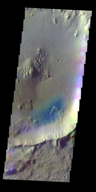 The THEMIS VIS camera contains 5 filters. The data from different filters can be combined in multiple ways to create a false color image. This false color image from NASA 2001 Mars Odyssey spacecraft shows an unnamed crater in Elysium Planitia.  Orbit Number: 4951 Latitude: 1.06492 Longitude: 134.035 Instrument: VIS Captured: 2003-01-26 04:19  http://photojournal.jpl.nasa.gov/catalog/PIA19219