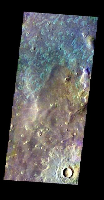 The THEMIS VIS camera contains 5 filters. The data from different filters can be combined in multiple ways to create a false color image. This false color image from NASA 2001 Mars Odyssey spacecraft shows part of Acidalia Planitia.  Orbit Number: 5455 Latitude: 45.8255 Longitude: 6.03611 Instrument: VIS Captured: 2003-03-08 15:46  http://photojournal.jpl.nasa.gov/catalog/PIA19225