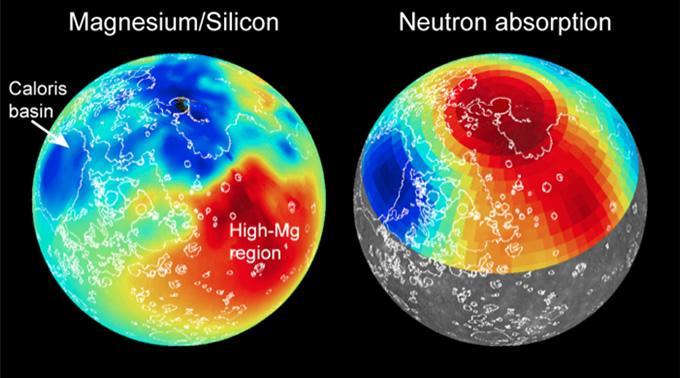 Maps of magnesium/silicon (left) and thermal neutron absorption (right) across Mercury's surface (red indicates high values, blue low) are shown. These maps, together with maps of other elemental abundances, reveal the presence of distinct geochemical terranes. Volcanic smooth plains deposits are outlined in white. Read the mission news story to learn more!   http://photojournal.jpl.nasa.gov/catalog/PIA19242