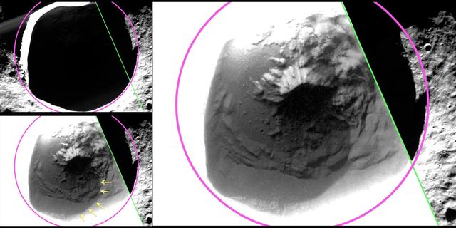MESSENGER's low-altitude campaign has enabled imaging of Fuller crater (named after American architect Buckminster Fuller) in greater detail than previously possible. The top left panel shows an image of Fuller, with the crater rim outlined in pink and the edge of a low-altitude broadband MDIS image in green. The large panel applies a different stretch to the same MDIS broadband image in the first panel, revealing details of the shadowed surface inside Fuller! In particular, as highlighted with yellow arrows in the bottom left panel, the image reveals a region inside Fuller that is lower in reflectance. The edge of the low-reflectance region has a sharp and well-defined boundary, even when imaged at 46 m/pixel, suggesting that the low-reflectance material is sufficiently young to have preserved a sharp boundary against lateral mixing by impact cratering. Models for surface and near-surface temperature within Fuller crater predict a region that is sufficiently cold to host long-lived water ice beneath the surface but too hot to support water ice at the surface. The low-reflectance region revealed in the images matches the thermal characteristics expected for a lag deposit of volatile, organic-rich material that overlies the water ice. http://photojournal.jpl.nasa.gov/catalog/PIA19244