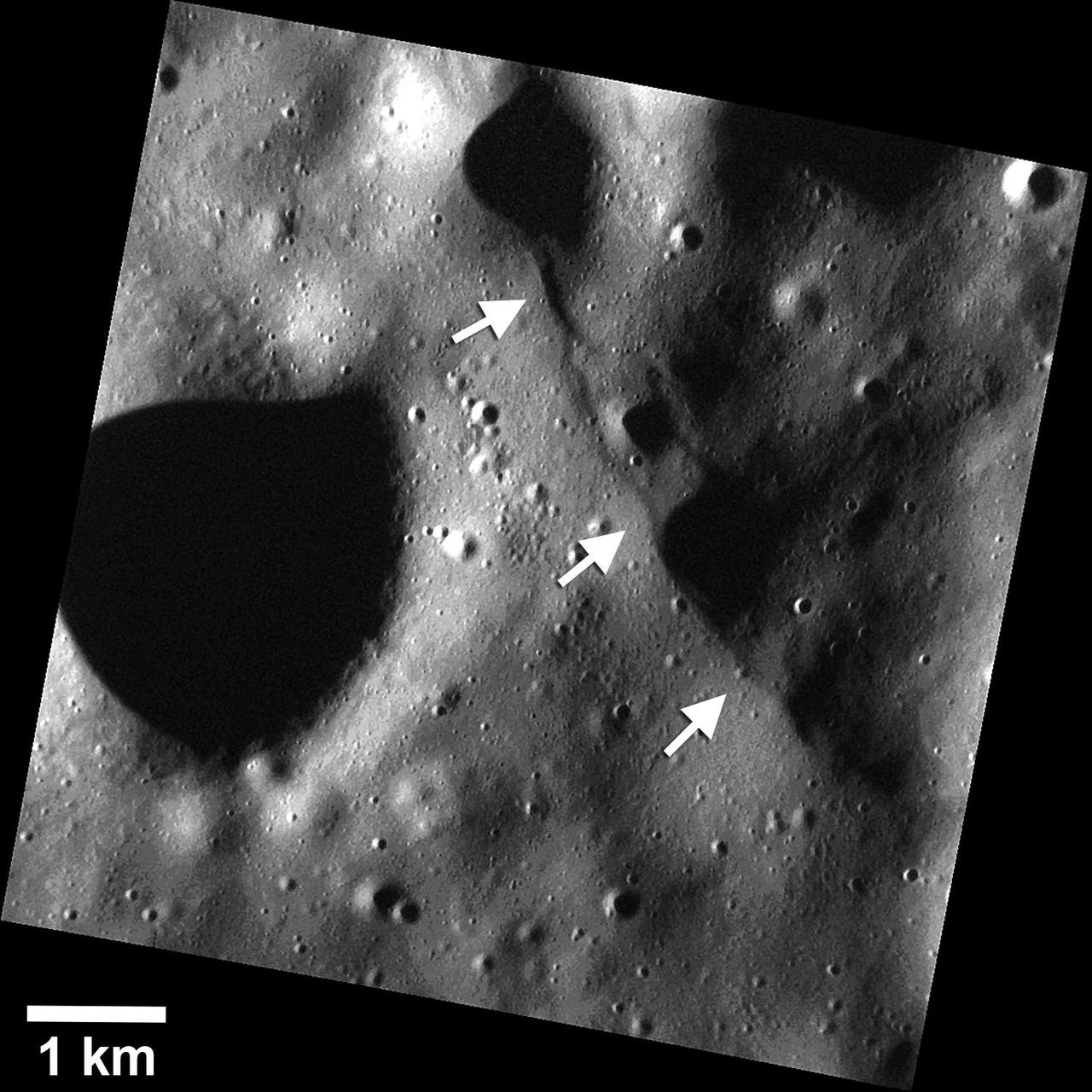 Images obtained after lowering MESSENGER's altitude have revealed a population of small fault scarps (white arrows) that can be more than an order of magnitude smaller in size than their larger counterparts, like Enterprise Rupes. These small scarps are less than 10 km in length and have only tens of meters of relief. They are comparable in size and morphology to small fault scarps imaged on the Moon by the Lunar Reconnaissance Orbiter, suggesting that these small scarps are relatively young, and raising the possibility that some are even active today.  http://photojournal.jpl.nasa.gov/catalog/PIA19245