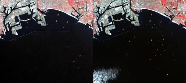 In southern California, the combined ports of Los Angeles and Long Beach account for 33% of the nation containerized imports. This image from NASA Terra spacecraft shows the large backlog of waiting cargo ships being slowly unloaded. The left image was acquired July 4, 2014 during normal operations: 14 ships are being unloaded, while 7 wait their turns near the facilities. The right image was acquired on March 8, 2015: 19 ships are moored at unloading docks, while 47 ships wait their turns. The images cover an area of 16.7 x 18.6 km, and are located at 33.7 degrees north, 118.2 degrees west.  http://photojournal.jpl.nasa.gov/catalog/PIA19249