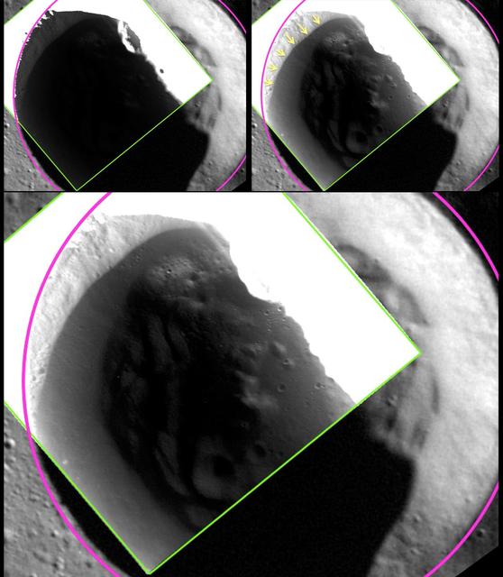 The image shown here was acquired at 24 m/pixel, the highest resolution that has been obtained for any of Mercury's shadowed polar craters. The top left panel shows a view of an unnamed crater in Mercury's north polar region, with the crater rim outlined in pink and the edge of the 24-meter/pixel, low-altitude broadband MDIS image in green. In the large bottom panel, a different stretch has been applied to the same MDIS broadband image, revealing details of the shadowed surface inside the crater. In particular, as highlighted with yellow arrows in the top right panel, the image reveals a region inside the crater that has a lower reflectance. The edge of the low-reflectance region has a sharp and well-defined boundary, even as imaged at this highest resolution of 24 m/pixel. The sharp boundary suggests that the low-reflectance material is sufficiently young to have preserved a sharp boundary against lateral mixing by impact craters. The sharp boundary matches the location predicted by temperature models for the stability of a surficial layer of volatile, organic-rich material tens of centimeters thick that overlies a thicker layer of water ice. http://photojournal.jpl.nasa.gov/catalog/PIA19253