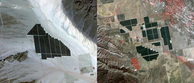 On February 15, 2015 the Desert Sunlight solar project in California’s Mojave Desert became operational. This image from NASA Terra spacecraft shows the 550-megawatt plant generates enough electricity to power 160,000 average homes. Covering an area of 16 km2, the 8.8 million cadmium telluride photovoltaic modules take advantage of the more than 300 days of sunshine. Desert Sunlight joins the similar-sized Topaz Solar Farm in San Luis Obispo County, CA, that became operational in June, 2014. The Desert Sunlight image (left) was acquired March 12, 2015 and is located at 33.8 degrees north, 115.4 degrees west; the Topaz image (right) was acquired September 11, 2014 and is located at 35.4 degrees north, 120.1 degrees west. Each image covers an area of 10.5 x 12 km. http://photojournal.jpl.nasa.gov/catalog/PIA19268