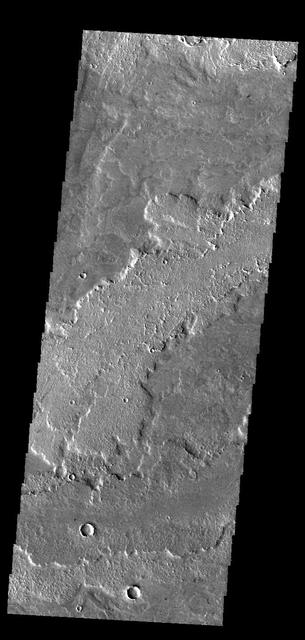 This image from NASA 2001 Mars Odyssey spacecraft shows a small portion of the lava flows that make up Daedalia Planum. These flows originate at Arsia Mons. Orbit Number: 58379 Latitude: -24.4283 Longitude: 237.799 Instrument: VIS Captured: 2015-02-10 15:13 http://photojournal.jpl.nasa.gov/catalog/PIA19277