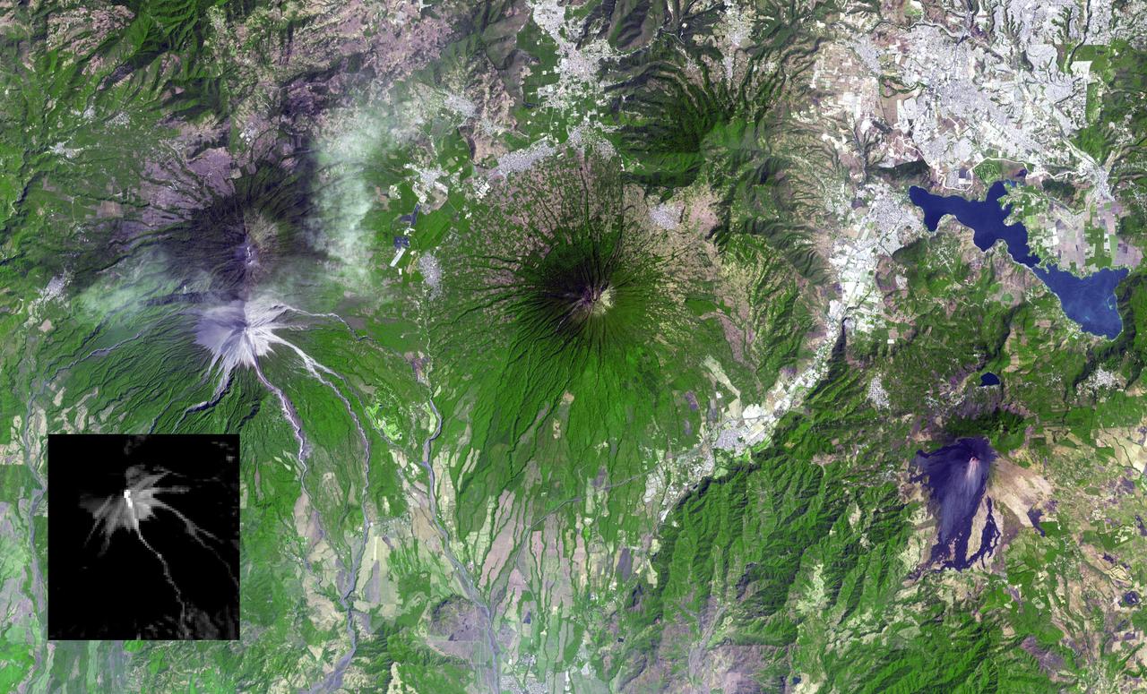 Guatemala's Fuego volcano continued its frequent moderate eruptions in early February 2015. Pyroclastic flows from the eruptions descended multiple drainages, and the eruptions sent ash plumes spewing over Guatemala City 22 miles (35 kilometers) away, and forced closure of the international airport. The Advanced Spaceborne Thermal Emission and Reflection Radiometer (ASTER) instrument onboard NASA's Terra spacecraft captured a new image of the region on February 17. Fuego is on the left side of the image. The thermal infrared inset image shows the summit crater activity (white equals hot), and remnant heat in the flows on the flank. Other active volcanoes shown in the image are Acatenango close by to the north, Volcano de Agua in the middle of the image, and Pacaya volcano to the east. The image covers an area of 19 by 31 miles (30 by 49.5 kilometers), and is located at 14.5 degrees north, 90.9 degrees west.  http://photojournal.jpl.nasa.gov/catalog/PIA19297