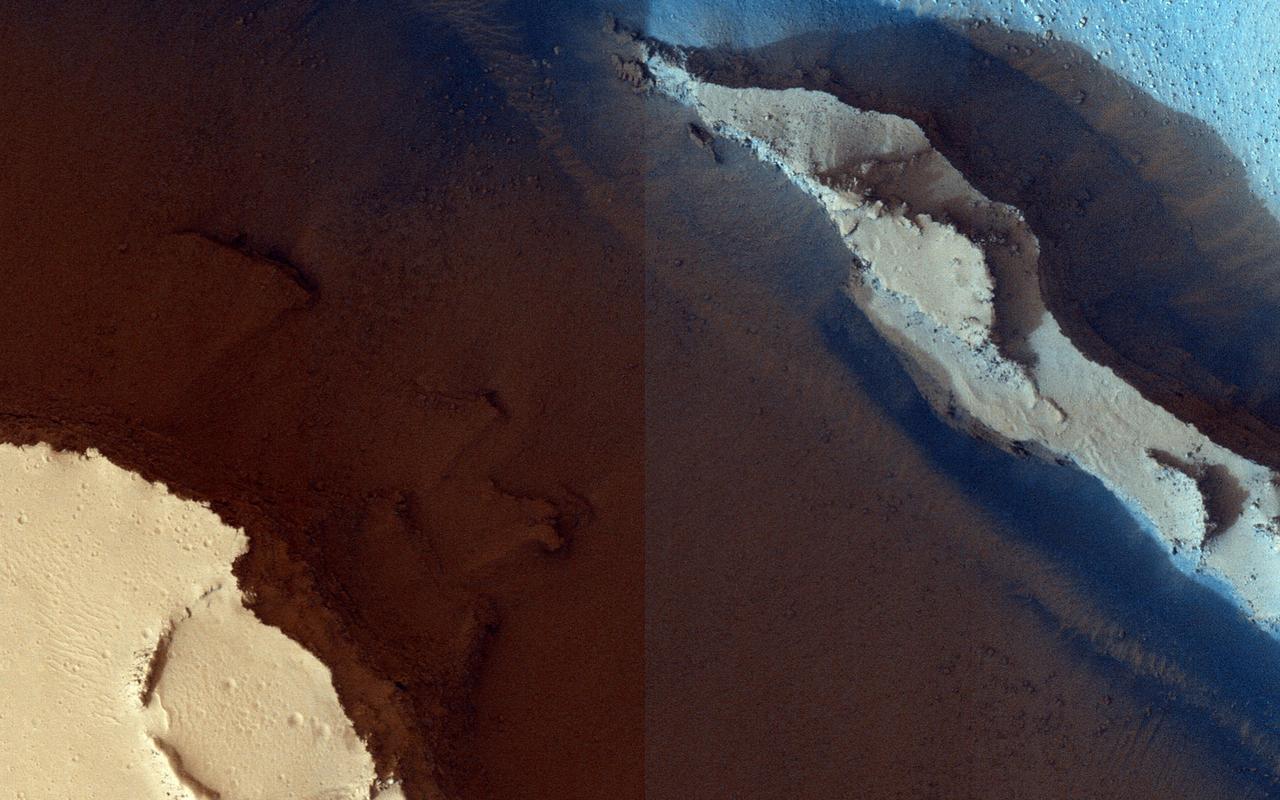 The trenches or fossae are found in Athabasca Valles as seen by NASA Mars Reconnaissance Orbiter. These trenches or "fossae" are about a kilometer (0.62 miles) across. This area shows where two segments have joined up and are close to a third section. The fossae are probably areas where the surface has collapsed down into voids made from faults (huge cracks with movement on either side) that don't extend up to the surface. In structural geology, when multiple faults are closely spaced, we call that a relay zone. These zones have much higher stress built up in the crust and consequently tend to be more fractured. These fractures can serve as "pipes" for fluids (water, lava, gases) to flow through. This area corresponds with the youngest of Mars' giant outflow channels, Athabasca Valles, that is only 2 to 20 million years old and shows geologic evidence of having been formed and modified jointly by water and lava. http://photojournal.jpl.nasa.gov/catalog/PIA19300