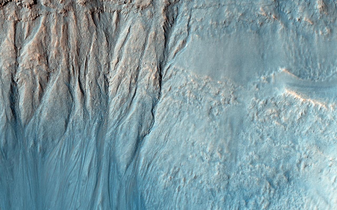 Gullies are commonly found in the southern mid-latitudes of Mars. In this image from NASA Mars Reconnaissance Orbiter they start near top of a long ridge, and descend into an impact crater that lies at the bottom of the ridge, moving through a rocky layer along the way. Below the layer, the surface is dark and blue in HiRISE enhanced color, suggesting that it is easily erodible sand coating the crater wall. The topography here is also interesting. There are two main features, an impact crater and a long trough called a graben, formed when the surface drops down between two faults. The eastern side of the crater is clearly cut by faulting, distorting the circular shape. On the north side, the crater rim is below the top of the graben fault. The crater could have dropped into the trough as it formed, but it is also possible that the trough partially formed before the crater and continued to widen later. http://photojournal.jpl.nasa.gov/catalog/PIA19308
