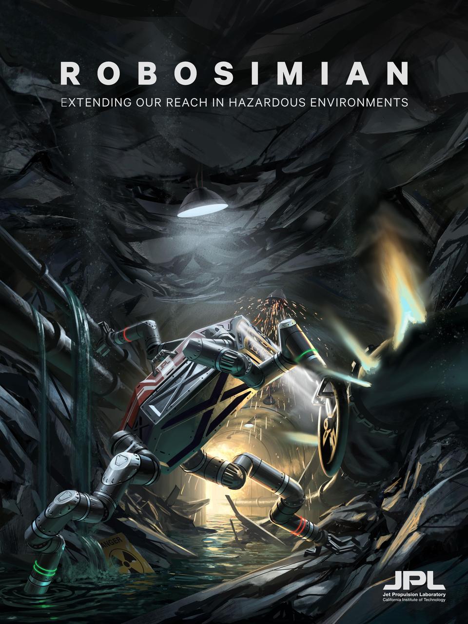 This artist's concept shows RoboSimian, a robot intended to assist with disaster relief and mitigation.  RoboSimian is an ape-like robot that moves around on four limbs. It was designed and built at the Jet Propulsion Laboratory in Pasadena, California. It will compete in the 2015 DARPA Robotics Challenge Finals. To get the robot in shape for the contest, researchers at JPL are collaborating with partners at University of California, Santa Barbara, and the California Institute of Technology.  http://photojournal.jpl.nasa.gov/catalog/PIA19313