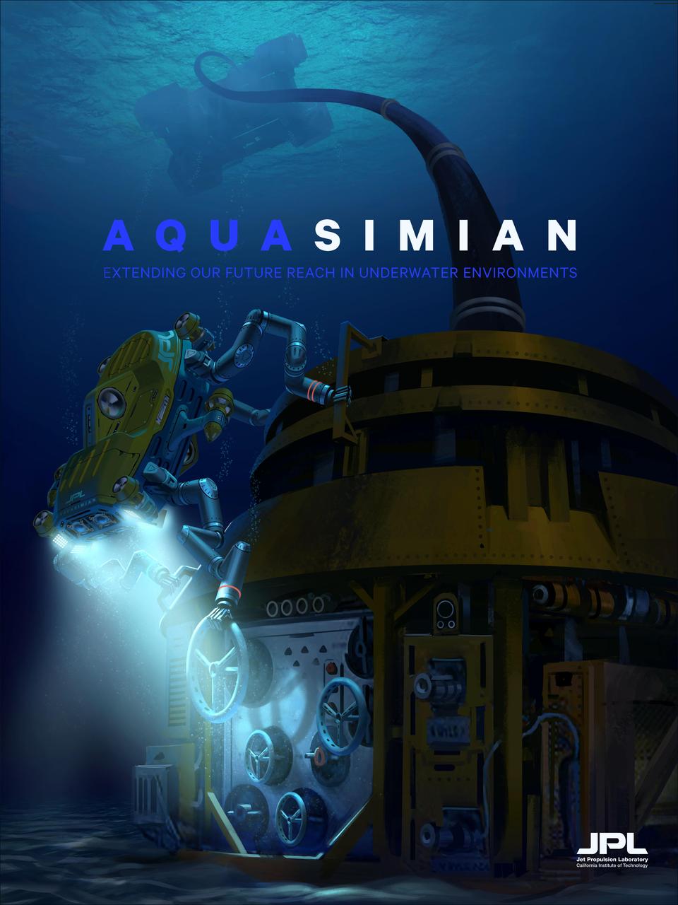 This artist's rendering shows a concept for a robot called AquaSimian that would assist with hazardous situations underwater. The concept is derived from RoboSimian, a land-based robot designed and built at the Jet Propulsion Laboratory in Pasadena, California. RoboSimian is shown in PIA19313.  http://photojournal.jpl.nasa.gov/catalog/PIA19315