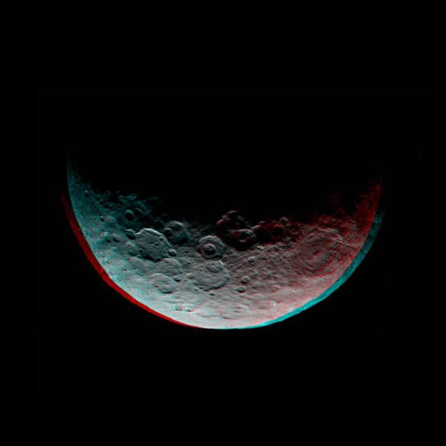 This anaglyph of Ceres is part of a sequence of images taken by NASA Dawn spacecraft April 24 to 26, 2015, from a distance of 8,500 miles 13,500 kilometers. 3-D glasses are needed to view this image.  http://photojournal.jpl.nasa.gov/catalog/PIA19320