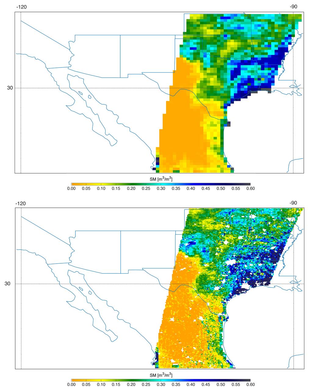 Southern U.S. NASA's SMAP soil moisture retrievals from April 27, 2015, when severe storms were affecting Texas. Top: radiometer data alone. Bottom: combined radar and radiometer data with a resolution of 5.6 miles (9 kilometers). The combined product reveals more detailed surface soil moisture features. http://photojournal.jpl.nasa.gov/catalog/PIA19338