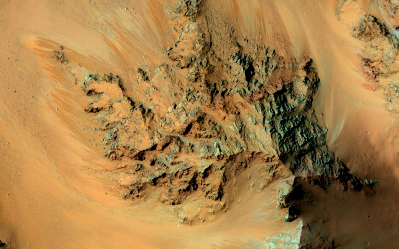 Recurring slope lineae are active flows on warm Martian slopes that might be caused by seeping water. One of the most active sites known is in the central peaks of Hale Crater as seen by NASA Mars Reconnaissance Orbiter.  This image shows RSL extending downhill from bedrock cliffs, mostly towards the northwest (upper left). This image was acquired in middle summer when RSL are most active in the southern mid latitudes.  The RSL in Hale have an unusually "reddish" color compared to most RSL, perhaps due to oxidized iron compounds, like rust. Since HiRISE color is shifted to infra-red wavelengths, they are actually especially bright the near-infrared just beyond the range of human vision.  The Hale RSL are also unusual because they began activity much earlier than most RSL sites in the middle southern latitudes, and were well-developed in the early spring (see ESP_038073_1440). If seeping water causes RSL in Hale crater, it must be rich in salts to lower its freezing point significantly below the freezing point of pure water.   http://photojournal.jpl.nasa.gov/catalog/PIA19359