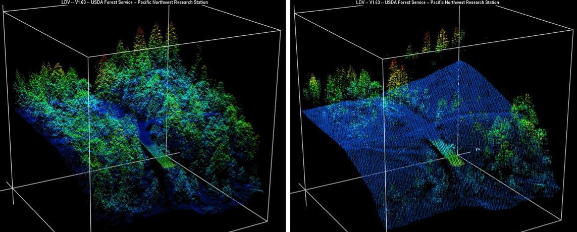 New maps of two recent California megafires that combine unique data sets from the U.S. Forest Service and NASA's Jet Propulsion Laboratory in Pasadena, California, are answering some of the urgent questions that follow a huge wildfire.      These before-and-after USFS LIght Detection And Ranging (LIDAR) images from the 2014 King fire region in El Dorado National Forest, California are among new maps. They show a small section of the Rubicon River drainage basin, where fire damage was severe. Blue indicates ground level; lighter colors are higher. A road -- bordered by dense trees in the before image at left -- and part of a bridge are in the center, with the bridge appearing green.   http://photojournal.jpl.nasa.gov/catalog/PIA19360