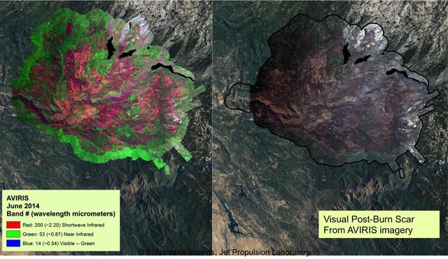 At left, a NASA AVIRIS map shows the spectral signature of the 2013 Rim fire in and near Yosemite National Park, California, the third largest in the state's history, burning more than 250,000 acres. Almost two years later, forest restoration efforts are still ongoing. Charred wood has a strong signal in the wavelengths shown here in red, so areas that are predominantly red in the image were heavily burned. The wavelengths of green, visible light (the color of vegetation) appear on this map as blue. There are no solid blue patches on the map because no large areas of green, living foliage survived the fire. Purple, a mixture of red and blue, indicates an area where charred wood and living plants are mingled. This image provides far more information about the state of the post-fire vegetation than the view on the right, which is what an observer flying overhead would see.  AVIRIS is a unique NASA science instrument that measures the complete solar reflected portion of the electromagnetic spectrum with unmatched spectral range, calibration accuracy and signal-to-noise ratio. AVIRIS spectra are measured from 370 to 2,500 nanometers at 9.8-nanometer intervals. Images are acquired with 20-, 6- or 4-meter (66-, 20, or 13-feet) spatial resolution with a 34 degree swath. Up to 100 million spectra are measured in image format on each flight. The spectral image measurements are provided in orthorectified (geometrically corrected) format for direct use by scientists.  http://photojournal.jpl.nasa.gov/catalog/PIA19361