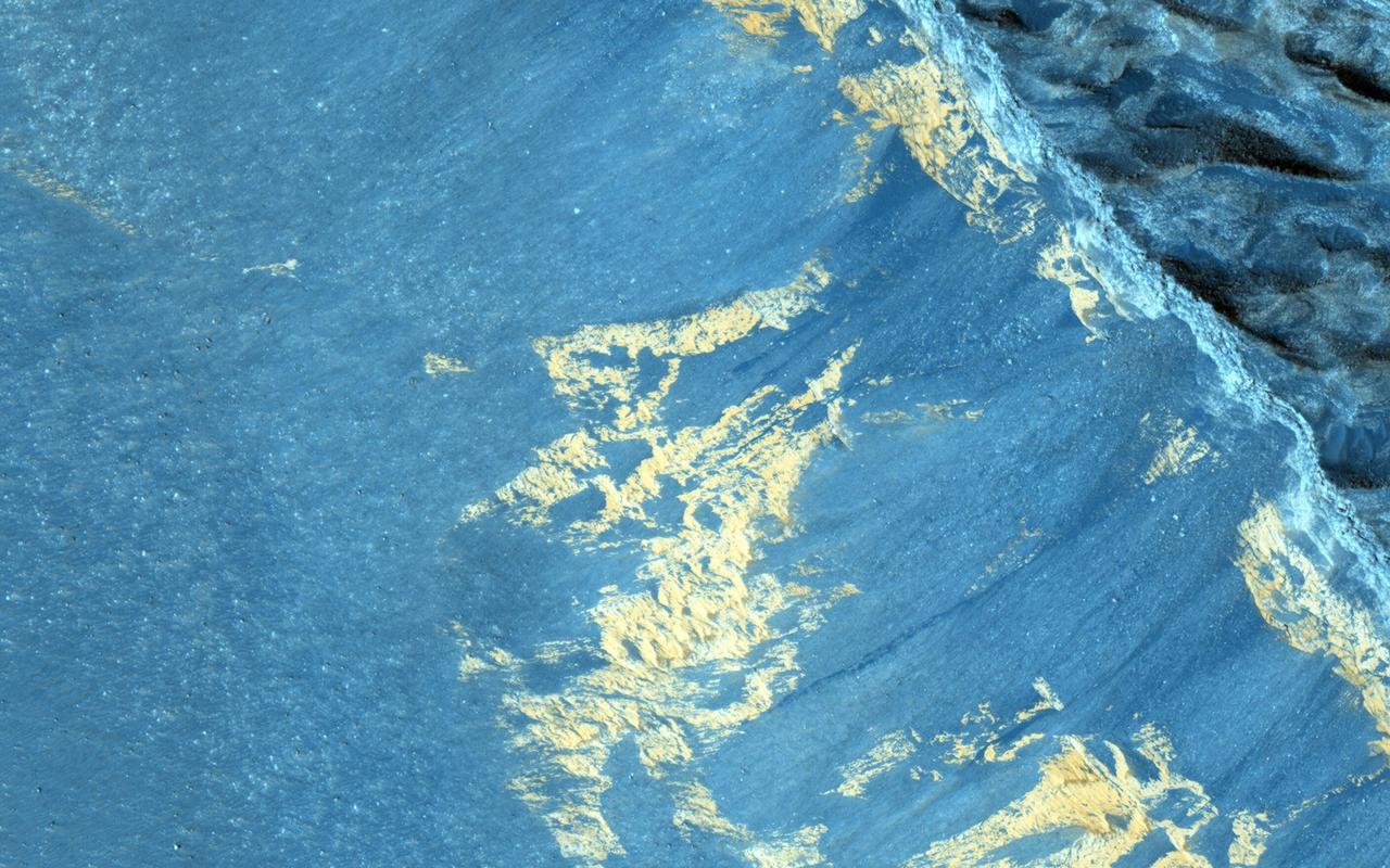 This image from NASA Mars Reconnaissance Orbiter shows some striking dark downslope flows in Aram Chaos. Since this is a dark, low-dust setting, these are probably not slope streaks (which form in bright dusty areas).  This image can provide us with another look, particularly in order to detect any changes. Recurring slope lineae (RSL) are another type of dark streak seen on Martian slopes and are thought to form from flow of liquid water. Do these streaks behave like RSL? Additional images such as this one allow us to test whether these streaks grow seasonally and recur annually.  http://photojournal.jpl.nasa.gov/catalog/PIA19364