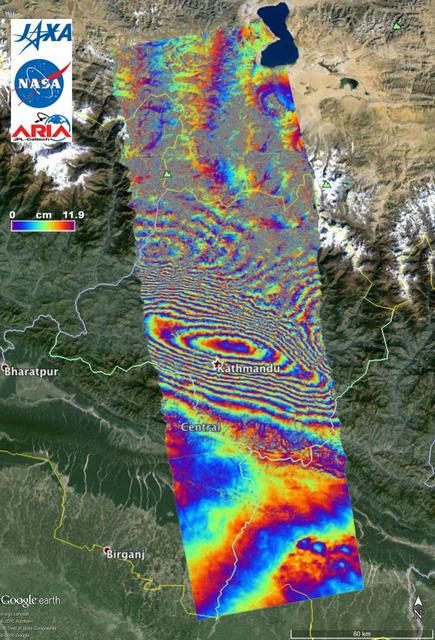 NASA and its partners are contributing important observations and expertise to the ongoing response to the April 25, 2015, magnitude 7.8 Gorkha earthquake in Nepal. The quake was the strongest to occur in that area since the 1934 Nepal-Bihar magnitude 8.0 event and caused significant regional damage and a humanitarian crisis.  Scientists with the Advanced Rapid Imaging and Analysis project (ARIA), a collaboration between NASA's Jet Propulsion Laboratory, Pasadena, California, and the California Institute of Technology in Pasadena, analyzed interferometric synthetic aperture radar images from the PALSAR-2 instrument on the ALOS-2 satellite operated by the Japan Aerospace Exploration Agency (JAXA) to calculate a map of the deformation of Earth's surface caused by the quake. This false-color map shows the amount of permanent surface movement caused almost entirely by the earthquake, as viewed by the satellite, during a 70-day interval between two ALOS-2 images, acquired February 21 and May 2, 2015.  In the map, surface displacements are seen as color contours (or "fringes"), where each color cycle represents 4.7 inches (11.9 centimeters) of surface motion. The contours show the land around Kathmandu has moved toward the satellite by up to 4.6 feet (1.4 meter), or 5.2 feet (1.6 meters) if we assume purely vertical motion. Areas without the color contours have snow or heavy vegetation that affects the radar measurements. Scientists use these maps to build detailed models of the fault and associated land movements to better understand the impact on future earthquake activity. The PALSAR-2 data were provided by JAXA through the Committee on Earth Observation Satellite (CEOS) in support of the response effort. The background image is from Google Earth.   http://photojournal.jpl.nasa.gov/catalog/PIA19383