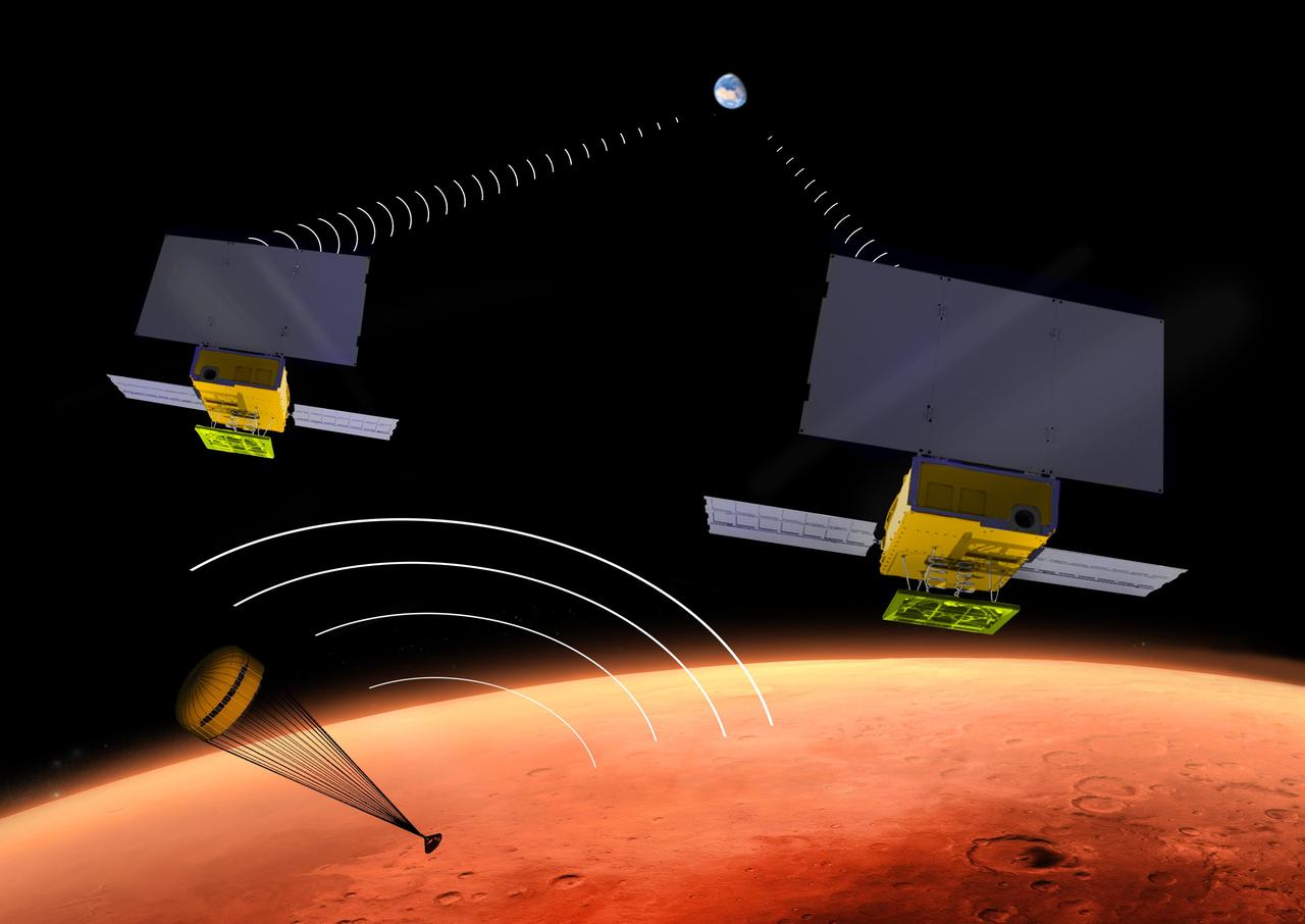 NASA's two MarCO CubeSats will be flying past Mars in September 2016 just as NASA's next Mars lander, InSight, is descending through the Martian atmosphere and landing on the surface. MarCO, for Mars Cube One, will provide an experimental communications relay to inform Earth quickly about the landing.  This illustration depicts a moment during the lander's descent when it is transmitting data in the UHF radio band, and the twin MarCO craft are receiving those transmissions while simultaneously relaying the data to Earth in a different radio band. Each of the MarCO twins carries two solar panels for power, and both UHF-band and X-band radio antennas. As a technology demonstration, MarCO could lead to other "bring-your-own-relay" mission designs and also to use of miniature spacecraft for a wide diversity of interplanetary missions.  MarCO is the first interplanetary use of CubeSat technologies for small spacecraft. CubeSats are a class of spacecraft based on a standardized small size and modular use of off-the-shelf technologies to streamline development. Many have been made by university students, and dozens have been launched into Earth orbit using extra payload mass available on launches of larger spacecraft.  The two briefcase-size MarCO CubeSats will ride along with InSight on an Atlas V launch vehicle lifting off in March 2016 from Vandenberg Air Force Base, California. MarCO is a technology demonstration aspect of the InSight mission and not needed for that mission's success. InSight, an acronym for Interior Exploration using Seismic Investigations, Geodesy and Heat Transport, will investigate the deep interior of Mars to advance understanding of how rocky planets, including Earth, formed and evolved.  After launch, the MarCO twins and InSight will be navigated separately to Mars.  Note: After thorough examination, NASA managers have decided to suspend the planned March 2016 launch of the Interior Exploration using Seismic Investigations Geodesy and Heat Transport (InSight) mission. The decision follows unsuccessful attempts to repair a leak in a section of the prime instrument in the science payload.  http://photojournal.jpl.nasa.gov/catalog/PIA19388