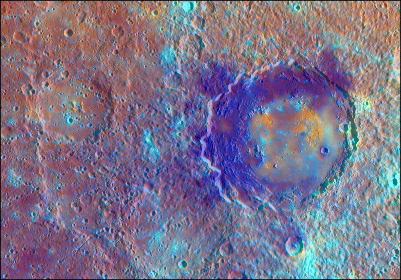 In this enhanced color view from NASA MESSENGER spacecraft of the peak-ring basin Derain, the different colors accentuate the different rocks associated with the basin. The smooth, interior volcanic fill of the basin, in addition to the large pits on the floor of Derain, are brighter and redder. This view was created by draping a color composite from the MDIS Wide Angle Camera (WAC) over an MDIS monochrome Narrow Angle Camera (NAC) image mosaic. The WAC enhanced color image was created with the following image channels: red = Principal Component 2, green = Principal Component 1, and blue = 430 nm to 1000 nm band ratio.  Instrument: Mercury Dual Imaging System (MDIS) Latitude: -9.0° Longitude: 17.3° E Scale: Derain peak-ring basin has a diameter of 167 km (104 miles)  http://photojournal.jpl.nasa.gov/catalog/PIA19412
