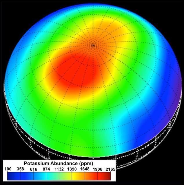 During the first year of NASA MESSENGER orbital mission, the spacecraft GRS instrument measured the elemental composition of Mercury surface materials. mong the most important discoveries from the GRS was the observation of higher abundances of the moderately volatile elements potassium, sodium, and chlorine than expected from previous scientific models and theories. Particularly high concentrations of these elements were observed at high northern latitudes, as illustrated in this potassium abundance map, which provides a view of the surface centered at 60° N latitude and 120° E longitude. This map was the first elemental map ever made of Mercury's surface and is to-date the only map to report absolute elemental concentrations, in comparison to element ratios.  Prior to MESSENGER's arrival at Mercury, scientists expected that the planet would be depleted in moderately volatile elements, as is the case for our Moon. The unexpectedly high abundances observed with the GRS have forced a reevaluation of our understanding of the formation and evolution of Mercury. In addition, the K map provided the first evidence for distinct geochemical terranes on Mercury, as the high-potassium region was later found to also be distinct in its low Mg/Si, Ca/Si, S/Si, and high Na/Si and Cl/Si abundances.  Instrument: Gamma-Ray Spectrometer (GRS)  http://photojournal.jpl.nasa.gov/catalog/PIA19414