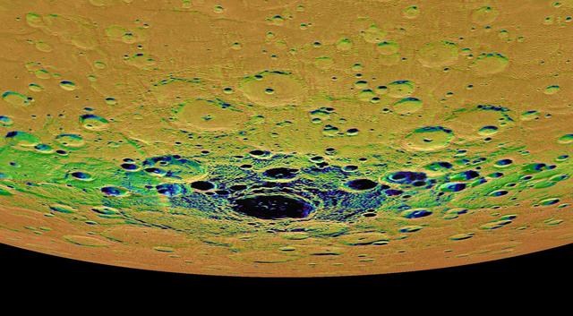 This view from NASA MESSENGER spacecraft is an orthographic projection of Mercury south polar region, colored by an illumination map. The illumination map, created from repeated MDIS imaging, is colored on the basis of the percentage of time that a given area is sunlit. Areas appearing black in the map are regions of permanent shadow. The largest permanently shadowed region near the center of the image is within the interior of the crater Chao Meng-Fu, a location with evidence for hosting considerable amounts of water ice.  Instrument: Mercury Dual Imaging System (MDIS) Chao Meng-Fu Center Latitude: -88.4° Chao Meng-Fu Center Longitude: 203.6° E Scale: Chao Meng-Fu has a diameter of roughly 180 kilometers (112 miles)  http://photojournal.jpl.nasa.gov/catalog/PIA19416