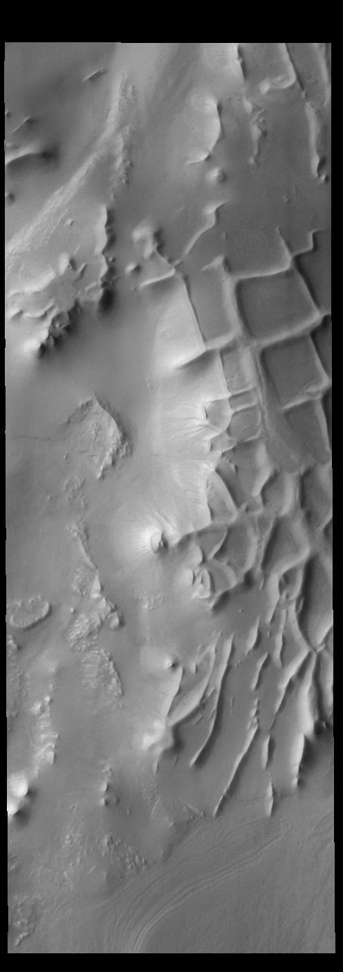 The intersecting ridges in this image captured by NASA 2001 Mars Odyssey spacecraft are called Angustus Labyrinthus. They were formed due to tectonic activity.  Orbit Number: 58571 Latitude: -81.4906 Longitude: 297.295 Instrument: VIS Captured: 2015-02-26 11:02  http://photojournal.jpl.nasa.gov/catalog/PIA19432