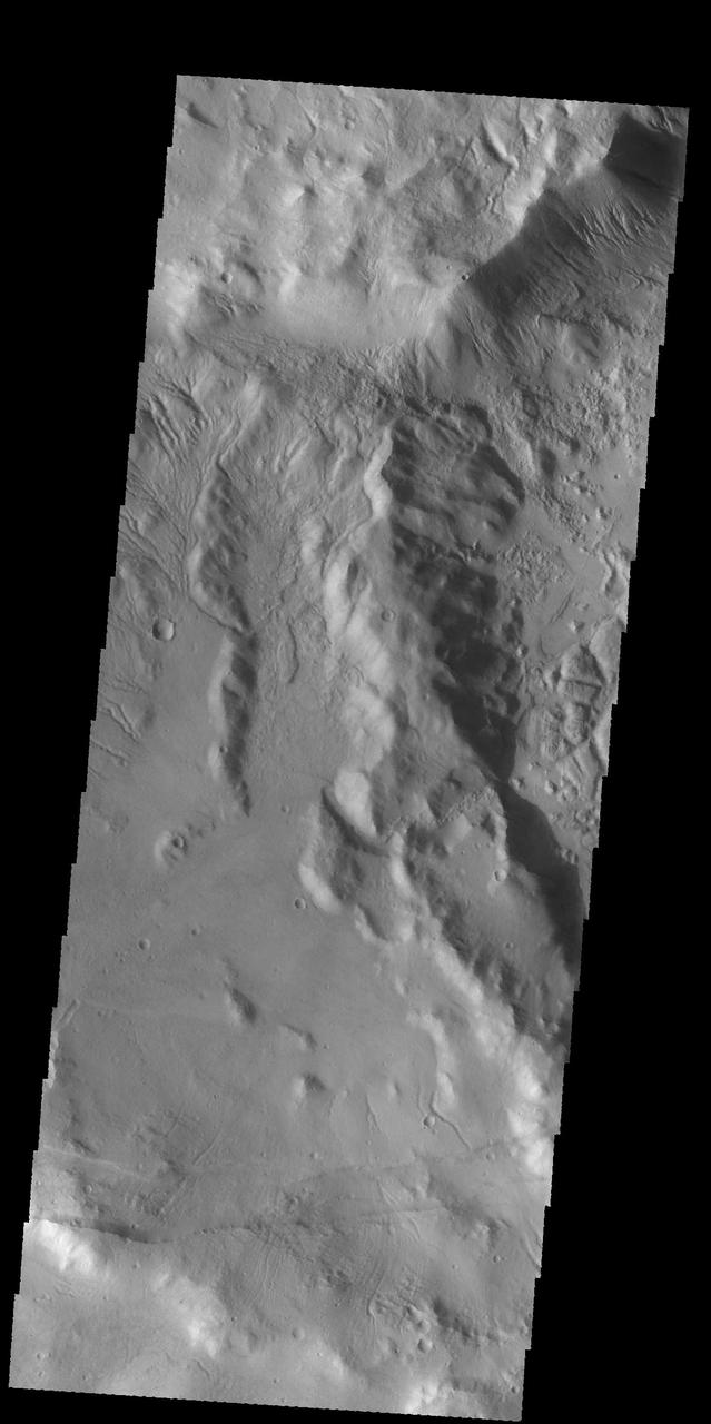 The subtle paired fractues at the bottom of this image from NASA 2001 Mars Odyssey spacecraft are part of Sirenum Fossae, though it is hundreds of km away from yesterday image location. Numerous gullies at the top of the image are located on the intersection of two crater rims.  Orbit Number: 58618 Latitude: -38.9581 Longitude: 181.314 Instrument: VIS Captured: 2015-03-02 07:36  http://photojournal.jpl.nasa.gov/catalog/PIA19441