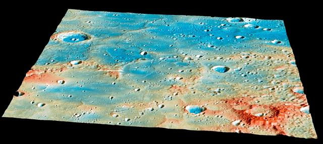 On April 30th, this region of Mercury's surface will have a new crater! Traveling at 3.91 kilometers per second (over 8,700 miles per hour), the MESSENGER spacecraft will collide with Mercury's surface, creating a crater estimated to be 16 meters (52 feet) in diameter. The large, 400-kilometer-diameter (250-mile-diameter), impact basin Shakespeare occupies the bottom left quarter of this image. Shakespeare is filled with smooth plains material, likely due to extensive lava flooding the basin in the past. As of 24 hours before the impact, the current best estimates predict that the spacecraft will strike a ridge slightly to the northeast of Shakespeare. View this image to see more details of the predicted impact site and time. Instrument: Mercury Dual Imaging System (MDIS) and Mercury Laser Altimeter (MLA) Latitude Range: 49°-59° N Longitude Range: 204°-217° E Topography: Exaggerated by a factor of 5.5. Colors: Coded by topography. The tallest regions are colored red and are roughly 3 kilometers (1.9 miles) higher than low-lying areas such as the floors of impact craters, colored blue. Scale: The large crater on the left side of the image is Janacek, with a diameter of 48 kilometers (30 miles) http://photojournal.jpl.nasa.gov/catalog/PIA19444