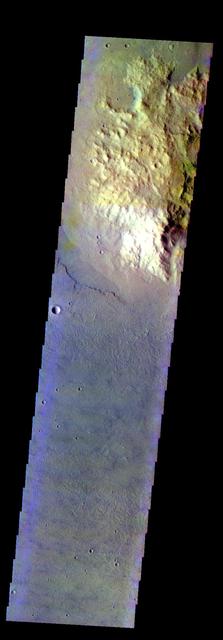 The THEMIS VIS camera contains 5 filters. The data from different filters can be combined in multiple ways to create a false color image. This image from NASA 2001 Mars Odyssey spacecraft shows a highland surrounded by the lava flows of Daedalia Planum. Orbit Number: 7283 Latitude: -27.9862 Longitude: 226.532 Instrument: VIS Captured: 2003-08-06 01:36 http://photojournal.jpl.nasa.gov/catalog/PIA19460