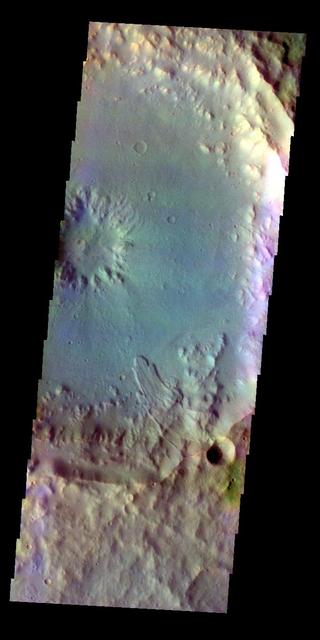 The THEMIS VIS camera contains 5 filters. The data from different filters can be combined in multiple ways to create a false color image. This false color image from NASA 2001 Mars Odyssey spacecraft shows part of an unnamed crater in Terra Cimmeria.