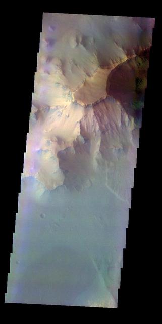 The THEMIS VIS camera contains 5 filters. The data from different filters can be combined in multiple ways to create a false color image. This image from NASA 2001 Mars Odyssey spacecraft shows part of the northern cliff face of Ganges Chasma.  Orbit Number: 7380 Latitude: -6.68954 Longitude: 312.135 Instrument: VIS Captured: 2003-08-14 01:07  http://photojournal.jpl.nasa.gov/catalog/PIA19473