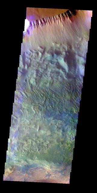 The THEMIS VIS camera contains 5 filters. The data from different filters can be combined in multiple ways to create a false color image. This false color image from NASA 2001 Mars Odyssey spacecraft shows part of the northern wall of Candor Chasma. Orbit Number: 7381 Latitude: -4.72297 Longitude: 283.559 Instrument: VIS Captured: 2003-08-14 03:05 http://photojournal.jpl.nasa.gov/catalog/PIA19481