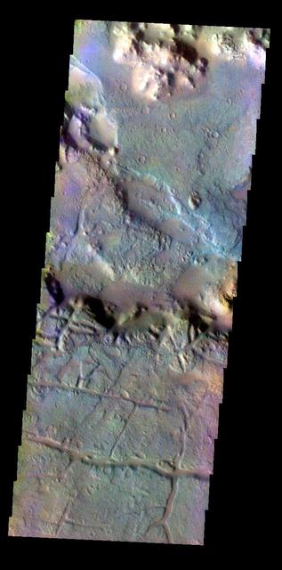 The THEMIS VIS camera contains 5 filters. Data from different filters can be combined in multiple ways to create a false color image. This image from NASA 2001 Mars Odyssey spacecraft shows the region at the start of Morava Valles in Margaritifer Terra.  Orbit Number: 7916 Latitude: -15.4518 Longitude: 333.474 Instrument: VIS Captured: 2003-09-27 04:05  http://photojournal.jpl.nasa.gov/catalog/PIA19491