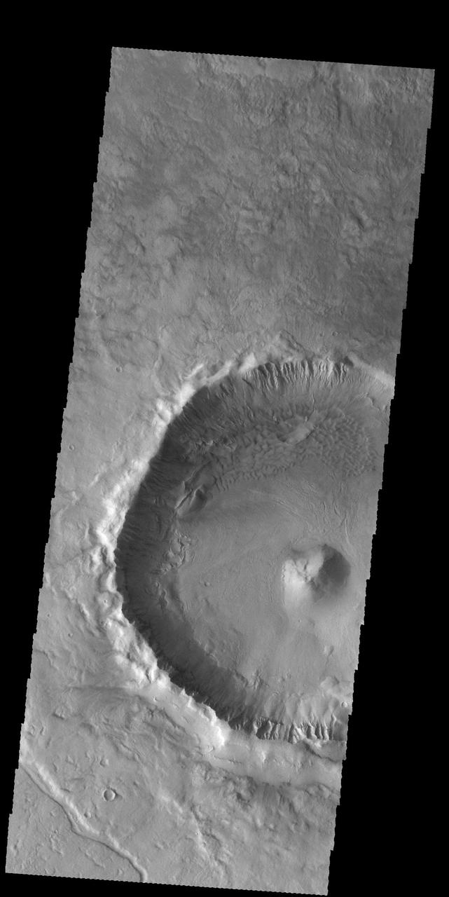 Today's VIS image is of an unnamed crater located on the floor of the much larger Newton Crater. This crater had a central peak, gullies on the inner rim and dunes on the northern part of the crater floor.  Orbit Number: 59391 Latitude: -41.9785 Longitude: 201.934 Instrument: VIS Captured: 2015-05-04 23:15  http://photojournal.jpl.nasa.gov/catalog/PIA19504