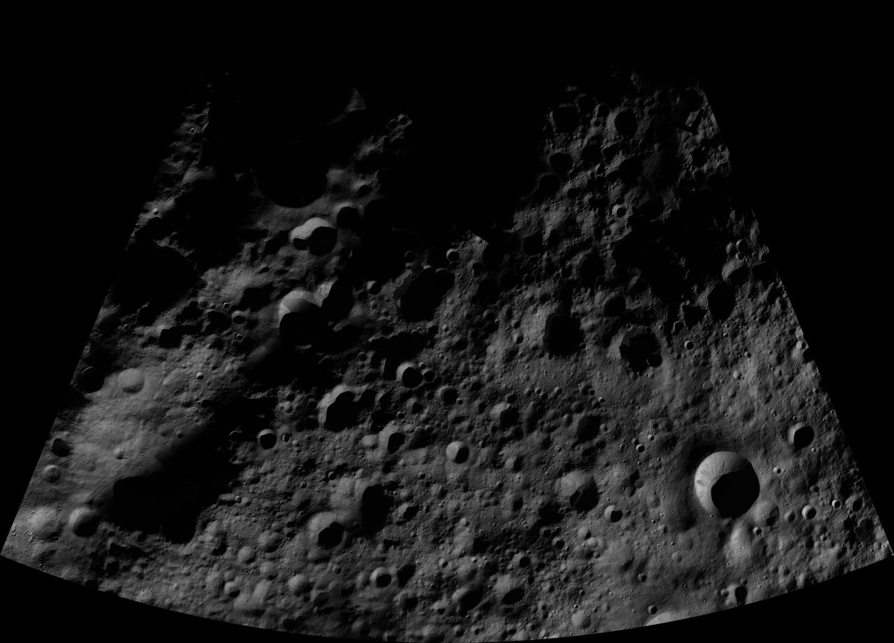 This image of Domitia AV-L-05, from the atlas of the giant asteroid Vesta, was created from images taken as NASA Dawn mission flew around the object, also known as a protoplanet. The set of maps was created from mosaics of10,000 images from Dawn's framing camera instrument, taken at a low altitude of about 130 miles (210 kilometers). This map is mostly at a scale about that of regional road touring maps, where every inch of map is equivalent to a little more than 3 miles of asteroid (one centimeter equals 2 kilometers). http://photojournal.jpl.nasa.gov/catalog/PIA19509