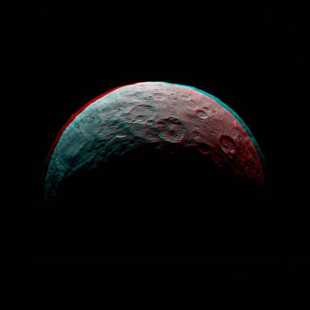 This anaglyph of Ceres is part of a sequence taken by NASA Dawn spacecraft April 24 to 26, 2015, from a distance of 8,500 miles 13,500 kilometers.  http://photojournal.jpl.nasa.gov/catalog/PIA19539