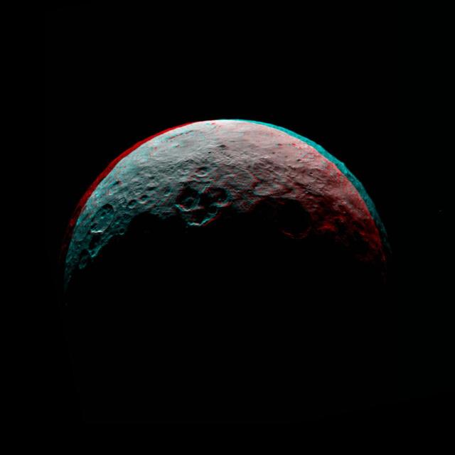 This anaglyph of Ceres is part of a sequence of images taken by NASA Dawn spacecraft April 24 to 26, 2015, from a distance of 8,500 miles 13,500 kilometers.  http://photojournal.jpl.nasa.gov/catalog/PIA19540