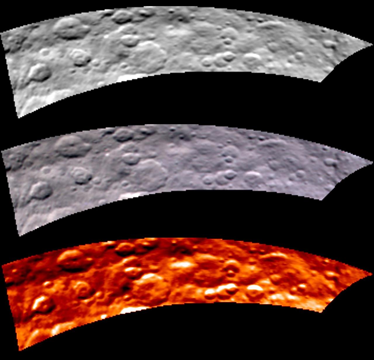 Images from Dawn's visible and infrared mapping spectrometer (VIR) show a portion of Ceres' cratered northern hemisphere, taken on May 16, 2015. From top to bottom, the views include a black-and-white image, a true-color view and a temperature image. The true-color view contains reddish dots that are image artifacts, which are not part of Ceres' surface.  These images were taken at a distance of 4,500 miles (7,300 kilometers) from Ceres. They have a resolution of 1.1 miles (1.8 kilometers) per pixel.  The temperature image is derived from data in the infrared light range. The lightest areas are the hottest and the darkest are the coolest.  http://photojournal.jpl.nasa.gov/catalog/PIA19571