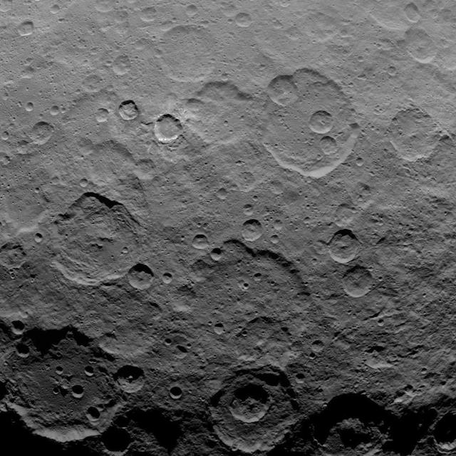 This image, taken by NASA Dawn spacecraft, shows dwarf planet Ceres from an altitude of 2,700 miles 4,400 kilometers. The image, with a resolution of 1,400 feet 410 meters per pixel, was taken on June 10, 2015.  http://photojournal.jpl.nasa.gov/catalog/PIA19583