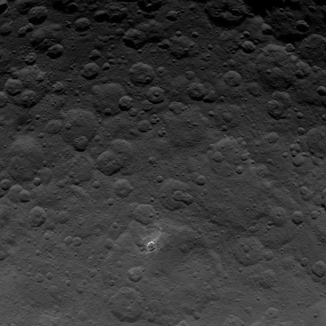 This image, taken by NASA's Dawn spacecraft, shows a portion of the northern hemisphere of dwarf planet Ceres from an altitude of 2,700 miles (4,400 kilometers). The image, with a resolution of 1,400 feet (410 meters) per pixel, was taken on June 21, 2015.   http://photojournal.jpl.nasa.gov/catalog/PIA19592