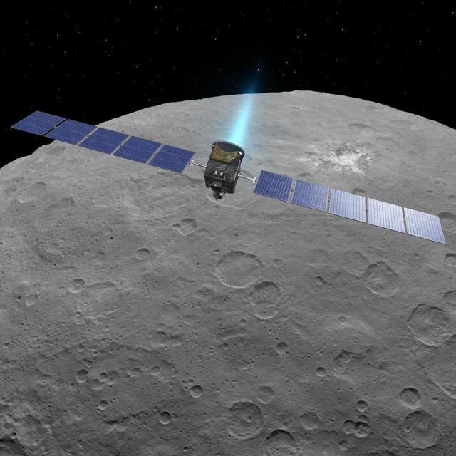 This artist concept shows NASA Dawn spacecraft above dwarf planet Ceres, as seen in images from the mission.  http://photojournal.jpl.nasa.gov/catalog/PIA19598