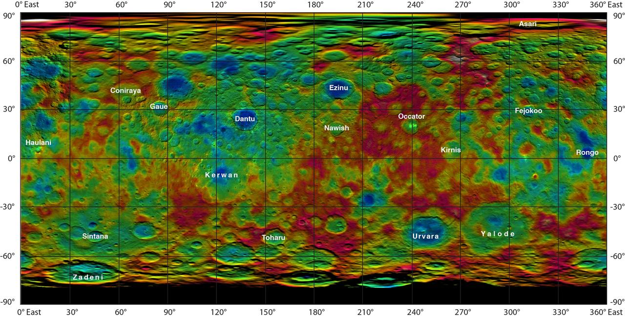 This color-coded map from NASA Dawn mission shows the highs and lows of topography on the surface of dwarf planet Ceres. It is labeled with names of features approved by the International Astronomical Union. Occator, the mysterious crater containing Ceres' mysterious bright spots, is named after the Roman agriculture deity of harrowing, a method of leveling soil. They retain their bright appearance in this map, although they are color-coded in the same green elevation of the crater floor in which they sit. The color scale extends about 5 miles (7.5 kilometers) below the surface in indigo to 5 miles (7.5 kilometers) above the surface in white. The topographic map was constructed from analyzing images from Dawn's framing camera taken from varying sun and viewing angles. The map was combined with an image mosaic of Ceres and projected as an simple cylindrical projection. http://photojournal.jpl.nasa.gov/catalog/PIA19606